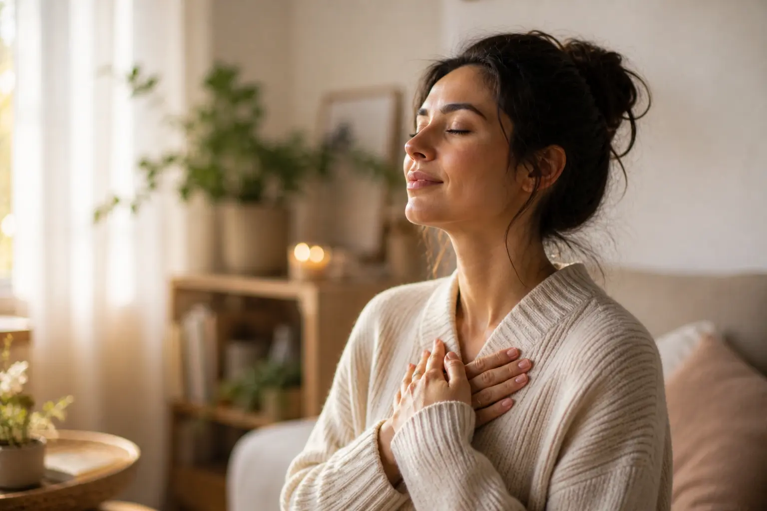 femme apaisée reconnectée à elle-même calme intérieur sérénité émotionnelle