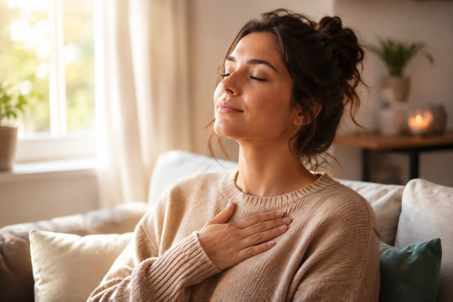 femme sereine récupération mentale calme intérieur lumière douce