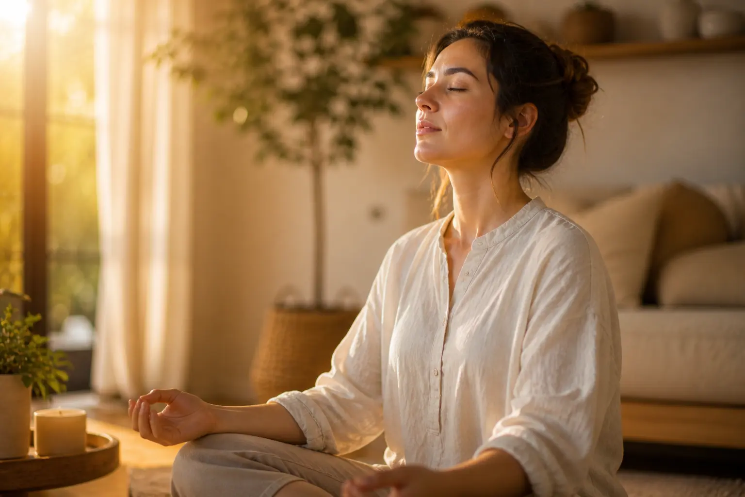 femme calme respiration lente yeux fermés apaisement anxiete lumière douce