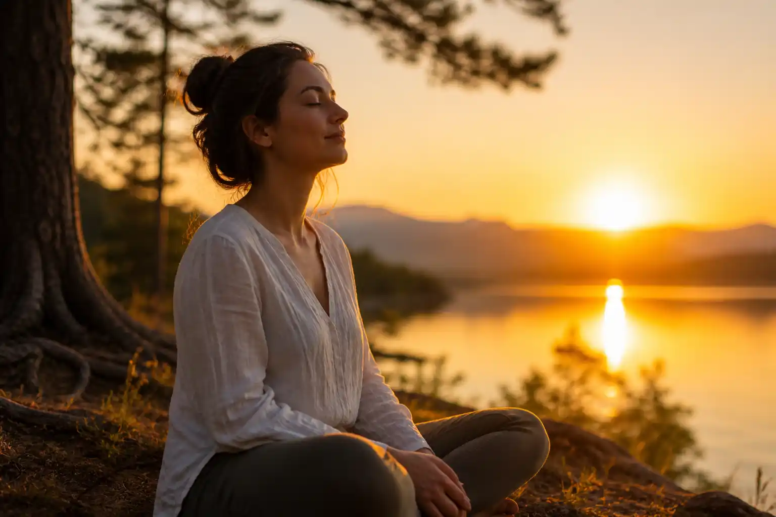 femme apaisée respiration calme nature sérénité mentale