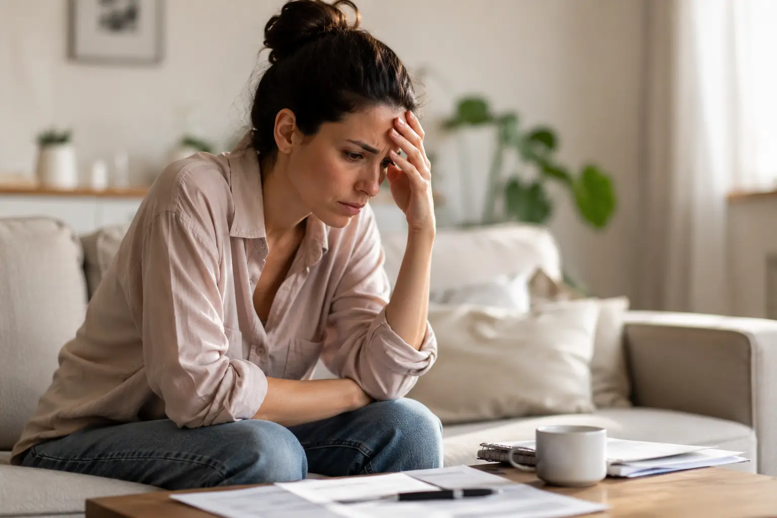 femme stressée regard inquiet surcharge émotionnelle fatigue mentale intérieur calme