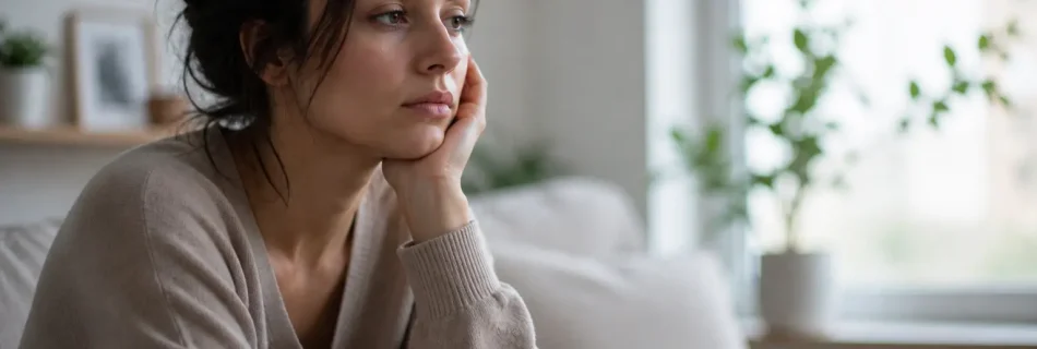femme seule regard vide expression fatiguée solitude émotionnelle intérieur calme lumière naturelle