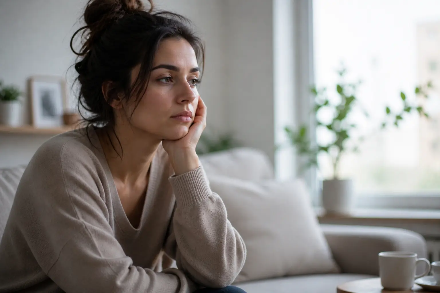 femme seule regard vide expression fatiguée solitude émotionnelle intérieur calme lumière naturelle
