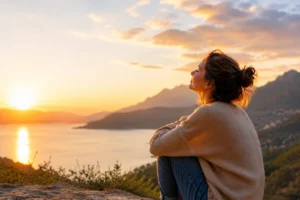 Retrouver confiance en soi après une relation toxique – femme retrouvant la sérénité face au coucher du soleil.