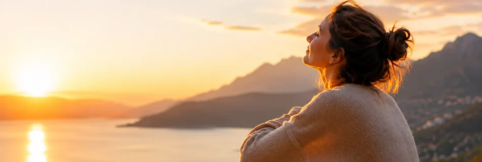 Retrouver confiance en soi après une relation toxique – femme retrouvant la sérénité face au coucher du soleil.