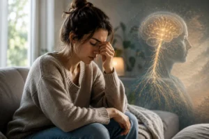 Femme présentant les symptômes d'un système nerveux dérégulé après une relation toxique ou une emprise émotionnelle.