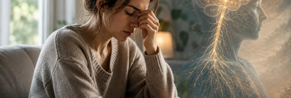 Femme présentant les symptômes d'un système nerveux dérégulé après une relation toxique ou une emprise émotionnelle.