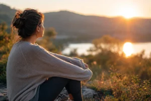 Femme apaisée face au coucher du soleil après une emprise émotionnelle