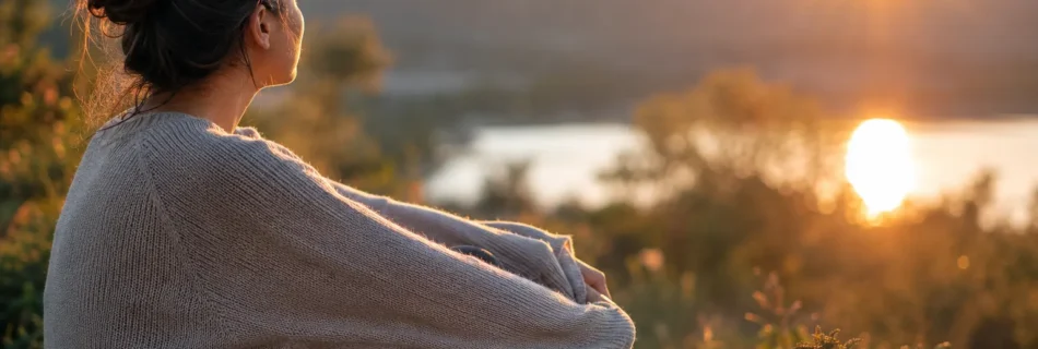 Femme apaisée face au coucher du soleil après une emprise émotionnelle