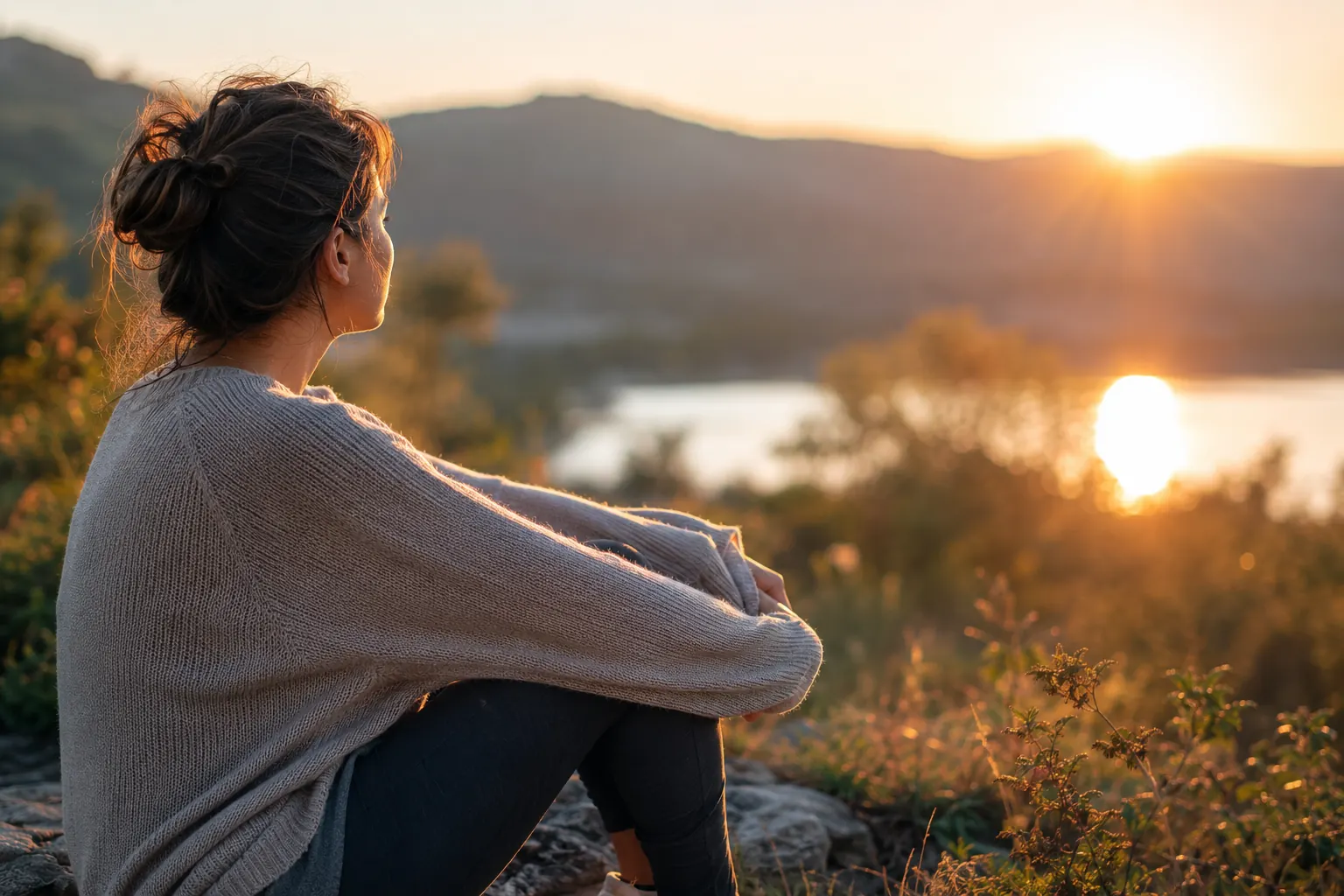Femme apaisée face au coucher du soleil après une emprise émotionnelle