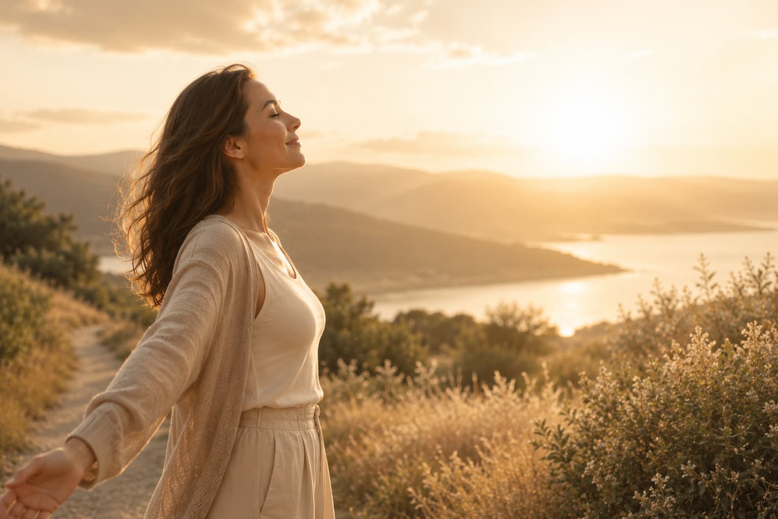 Femme retrouvant progressivement confiance et sérénité après une période de stress émotionnel