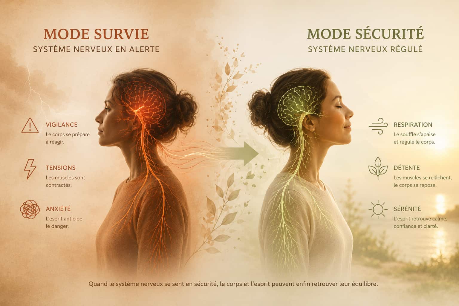 Illustration du système nerveux montrant le passage du mode survie au mode sécurité