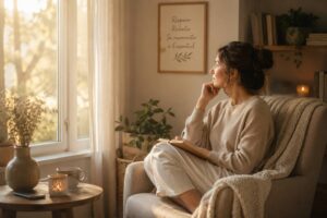 Femme en réflexion dans un intérieur apaisant illustrant la compréhension du système nerveux autonome et le retour au calme émotionnel.