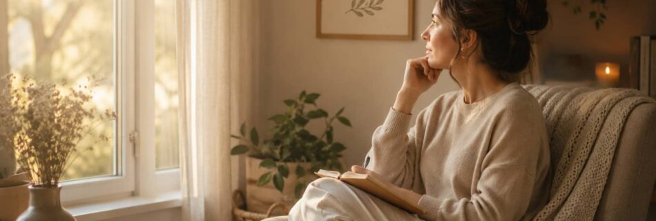 Femme en réflexion dans un intérieur apaisant illustrant la compréhension du système nerveux autonome et le retour au calme émotionnel.