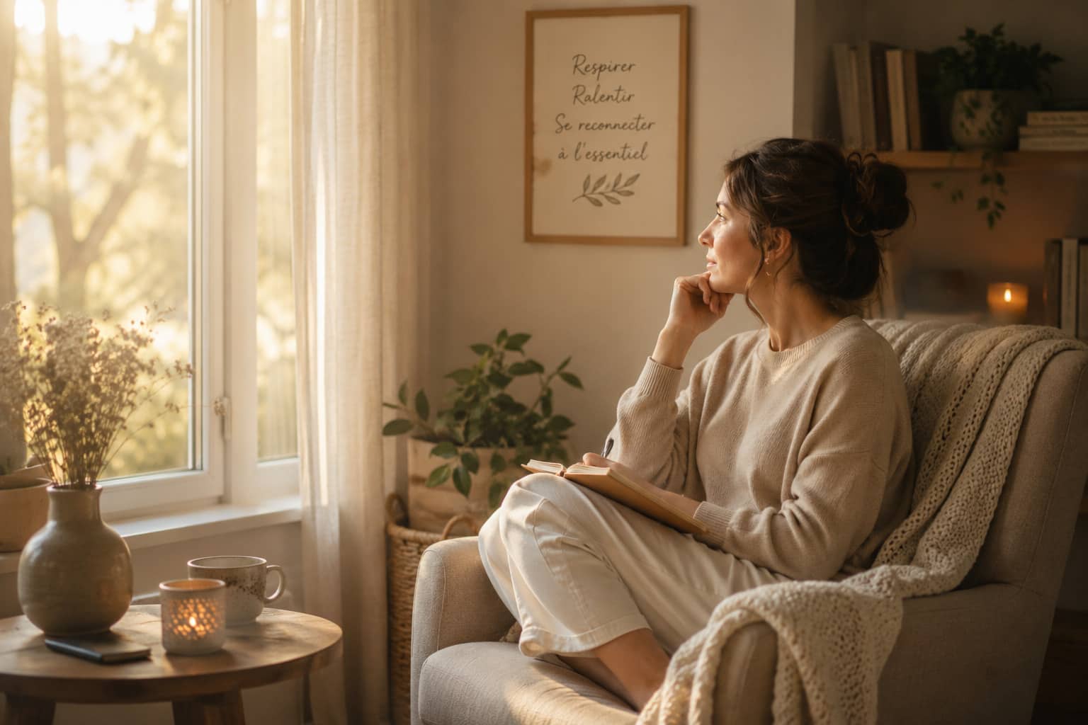 Femme en réflexion dans un intérieur apaisant illustrant la compréhension du système nerveux autonome et le retour au calme émotionnel.